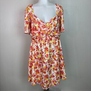 Draper James Dress16 Pink Orange Floral Crossover Front Puff Sleeves Women's